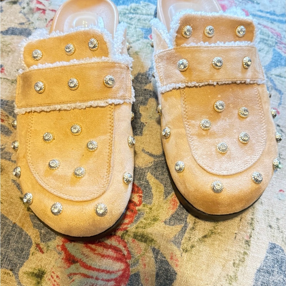 Studded Suede Shearling-Trim Mule Clogs worn once around the house - Picture 9 of 15